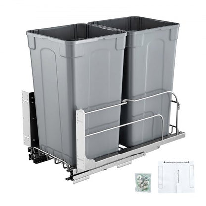 Double pull-out kitchen trash can, soft-closing, gray, 27 QTx2