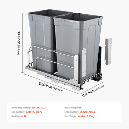 Pull-Out Trash Can, 27 QT x2 Double Under Mount Kitchen Waste Container, Heavy Duty Garbage Recycling Bin with Door Kit and Soft Close Slide, for Kitchen Cabinet, Sink, Under Counter (Grey)