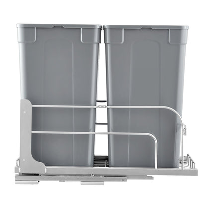 Pull-Out Trash Can, 27 QT x2 Double Under Mount Kitchen Waste Container, Heavy Duty Garbage Recycling Bin with Door Kit and Soft Close Slide, for Kitchen Cabinet, Sink, Under Counter (Grey)