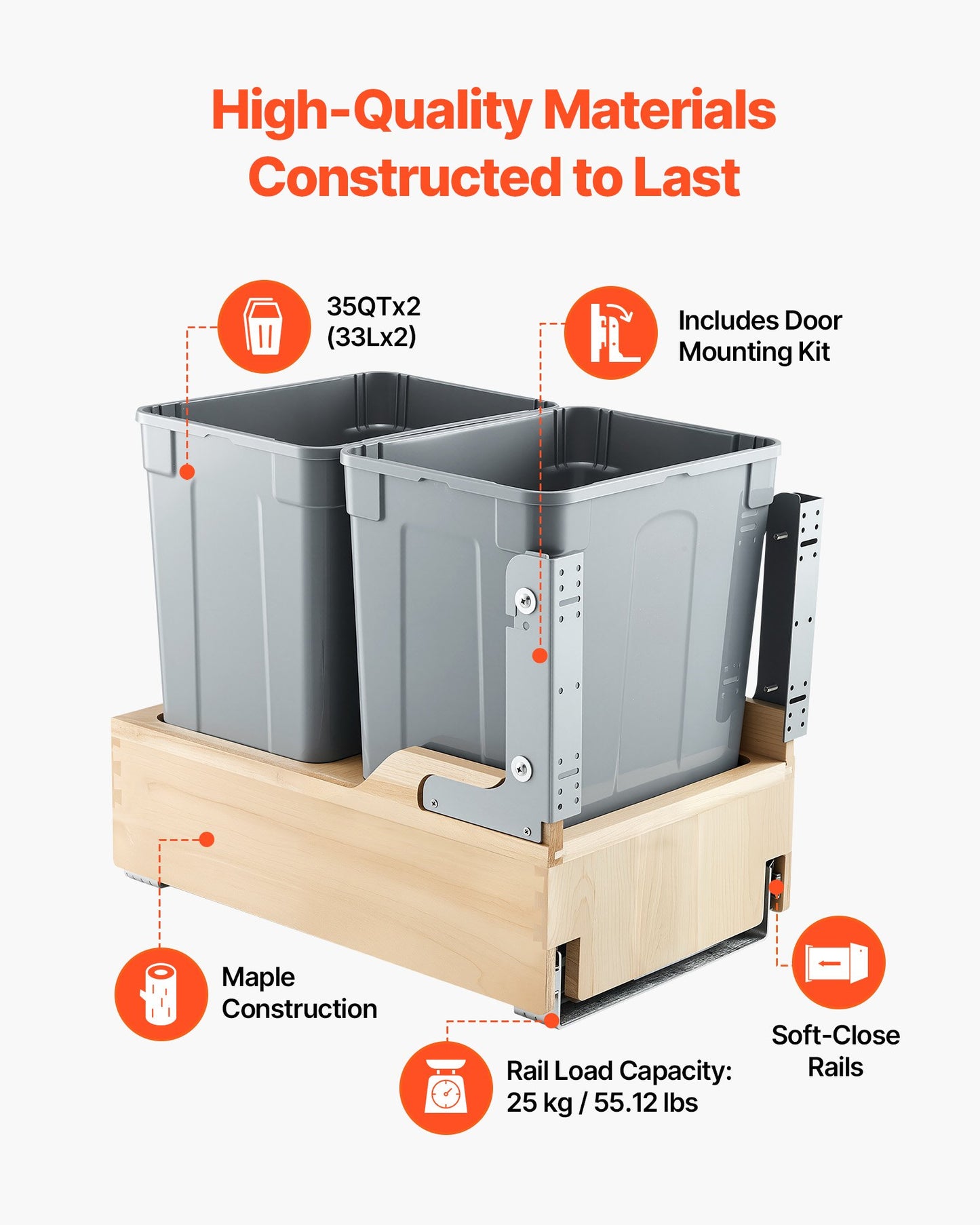 Wood Pullout Trash Can for Kitchen Cabinets, 35 QT x2 Double Under Sink Garbage Waste Recycling Bin, Under Mount Waste Container, with Heavy Duty Metal Soft Close Sliding System and Door Kit