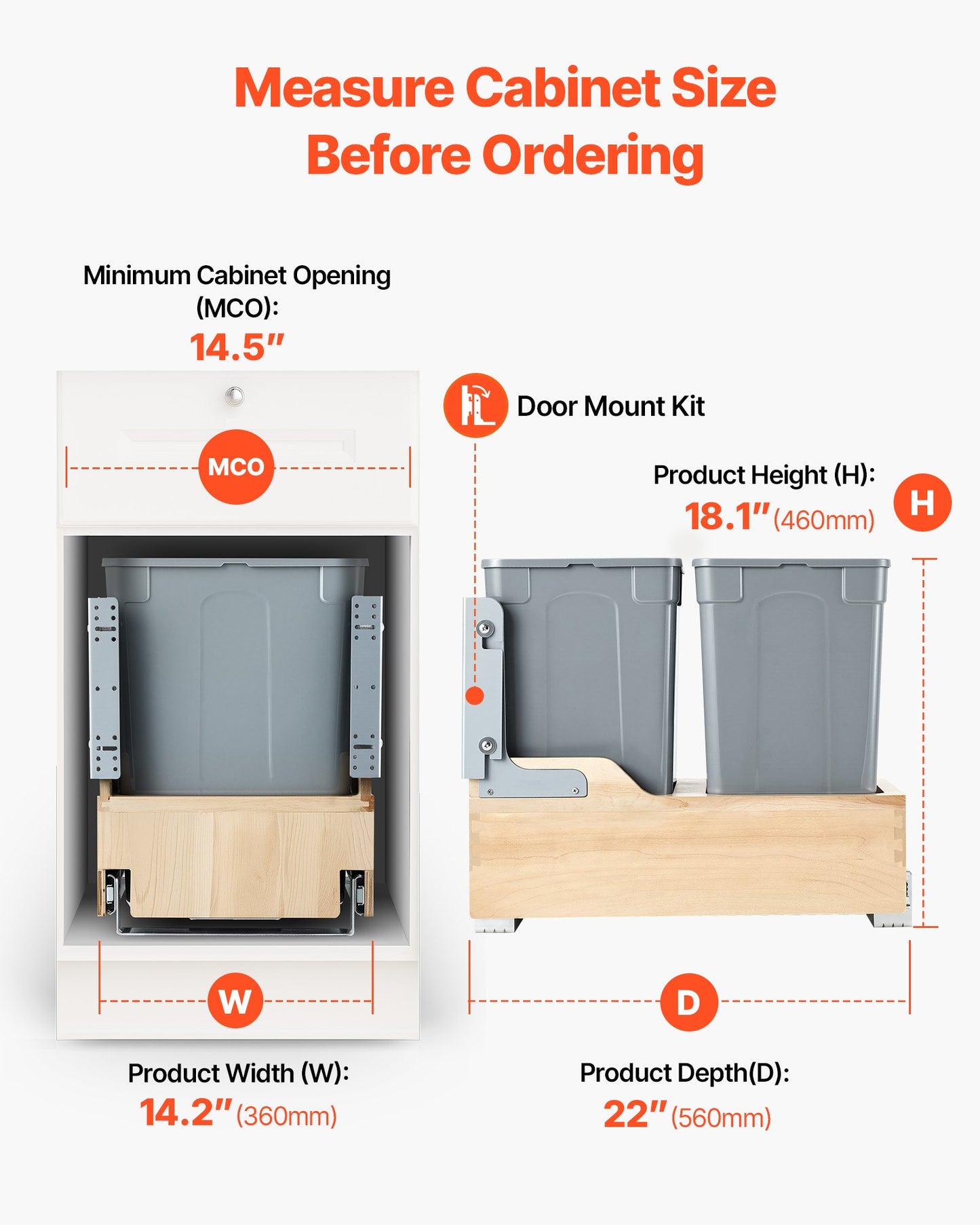 Wood Pullout Trash Can for Kitchen Cabinets, 35 QT x2 Double Under Sink Garbage Waste Recycling Bin, Under Mount Waste Container, with Heavy Duty Metal Soft Close Sliding System and Door Kit