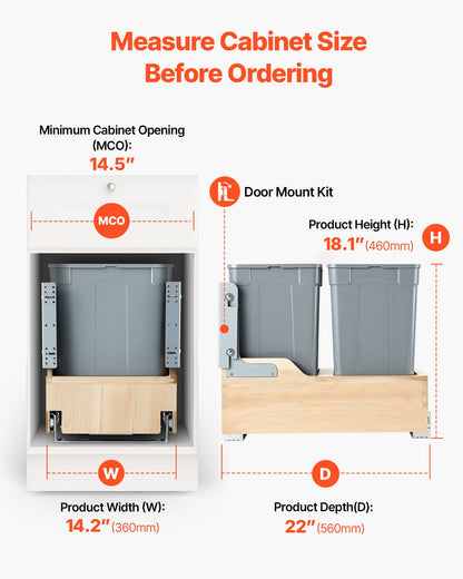 Wood Pullout Trash Can for Kitchen Cabinets, 35 QT x2 Double Under Sink Garbage Waste Recycling Bin, Under Mount Waste Container, with Heavy Duty Metal Soft Close Sliding System and Door Kit