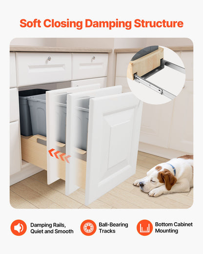 Wood Pullout Trash Can for Kitchen Cabinets, 35 QT x2 Double Under Sink Garbage Waste Recycling Bin, Under Mount Waste Container, with Heavy Duty Metal Soft Close Sliding System and Door Kit