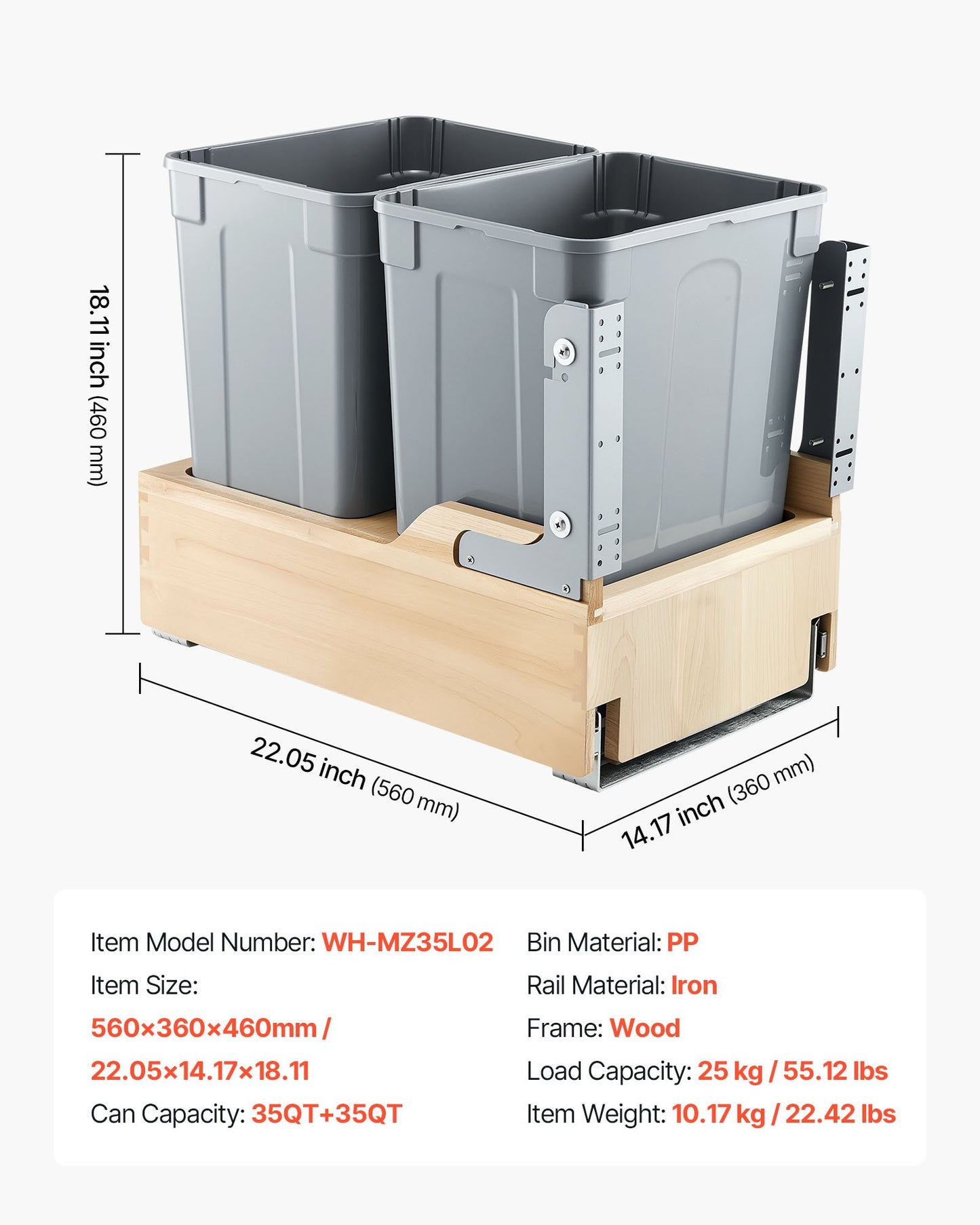 Wood Pullout Trash Can for Kitchen Cabinets, 35 QT x2 Double Under Sink Garbage Waste Recycling Bin, Under Mount Waste Container, with Heavy Duty Metal Soft Close Sliding System and Door Kit