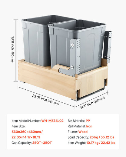 Wood Pullout Trash Can for Kitchen Cabinets, 35 QT x2 Double Under Sink Garbage Waste Recycling Bin, Under Mount Waste Container, with Heavy Duty Metal Soft Close Sliding System and Door Kit