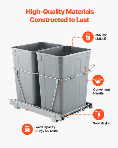 Pullout Trash Can for Kitchen Cabinets, 35 QT x2 Double Under Sink Garbage Waste Recycling Bin, Under Mount Waste Container, with Heavy Duty Metal Full Extension Sliding System and Handle