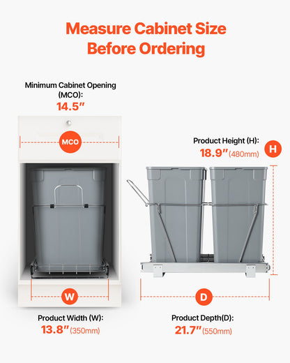 Pullout Trash Can for Kitchen Cabinets, 35 QT x2 Double Under Sink Garbage Waste Recycling Bin, Under Mount Waste Container, with Heavy Duty Metal Full Extension Sliding System and Handle
