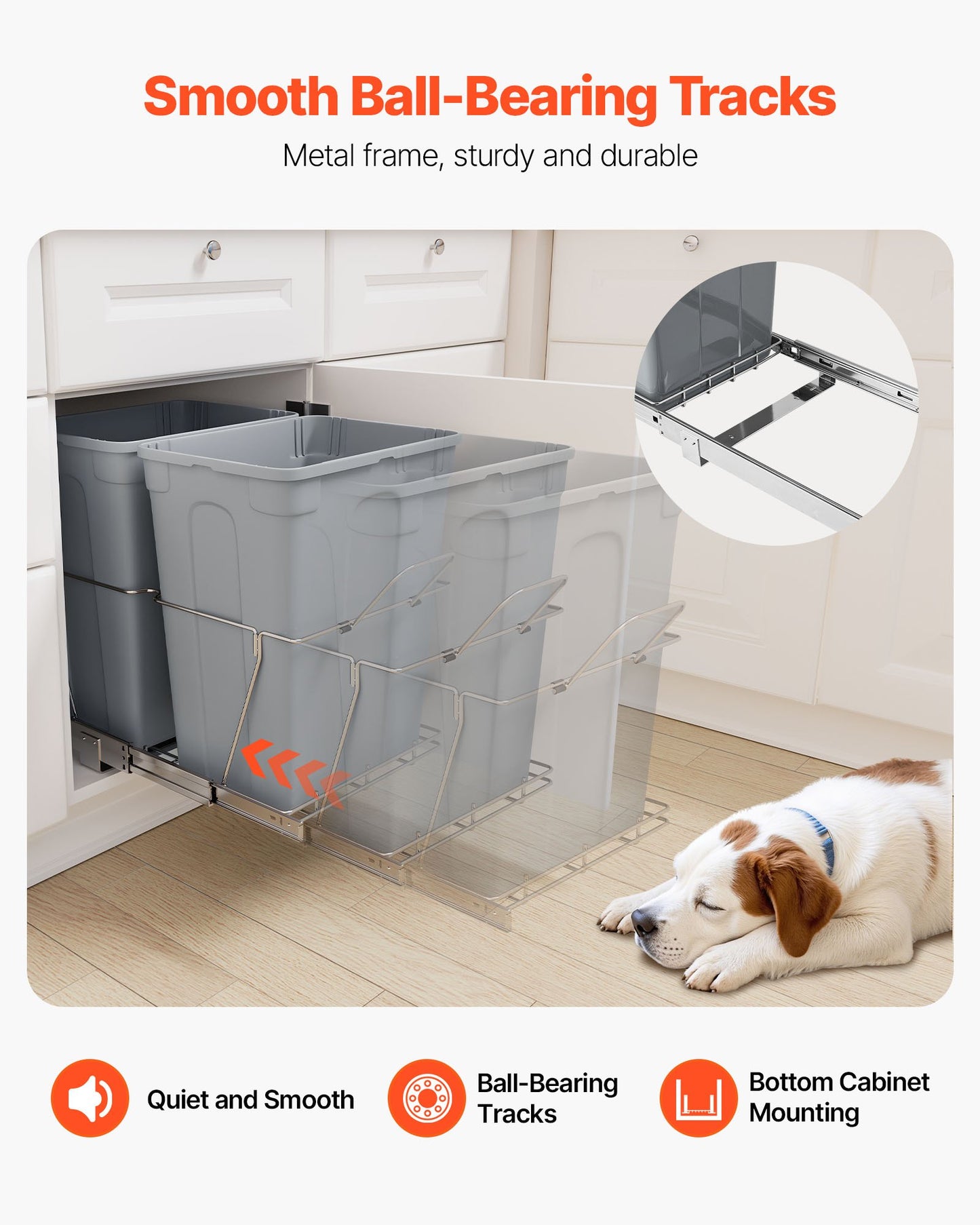 Pullout Trash Can for Kitchen Cabinets, 35 QT x2 Double Under Sink Garbage Waste Recycling Bin, Under Mount Waste Container, with Heavy Duty Metal Full Extension Sliding System and Handle