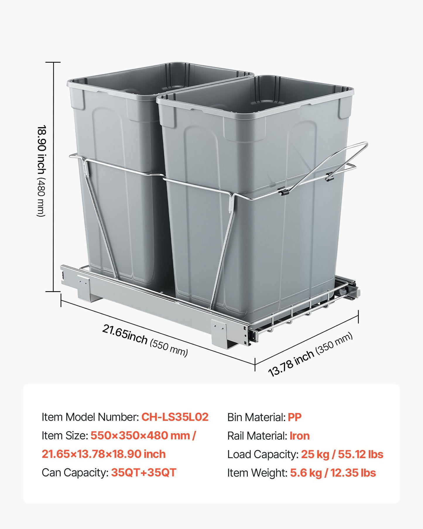 Pullout Trash Can for Kitchen Cabinets, 35 QT x2 Double Under Sink Garbage Waste Recycling Bin, Under Mount Waste Container, with Heavy Duty Metal Full Extension Sliding System and Handle