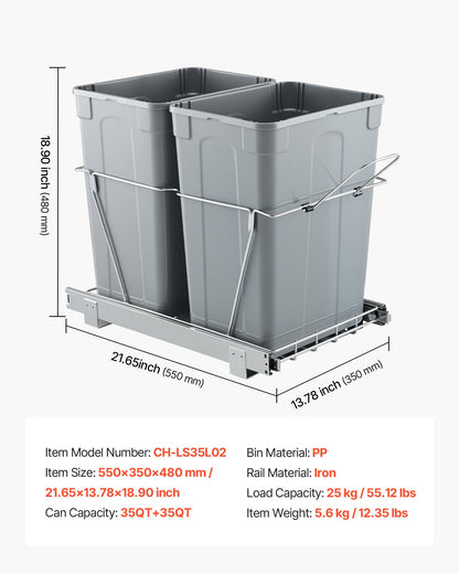 Pullout Trash Can for Kitchen Cabinets, 35 QT x2 Double Under Sink Garbage Waste Recycling Bin, Under Mount Waste Container, with Heavy Duty Metal Full Extension Sliding System and Handle