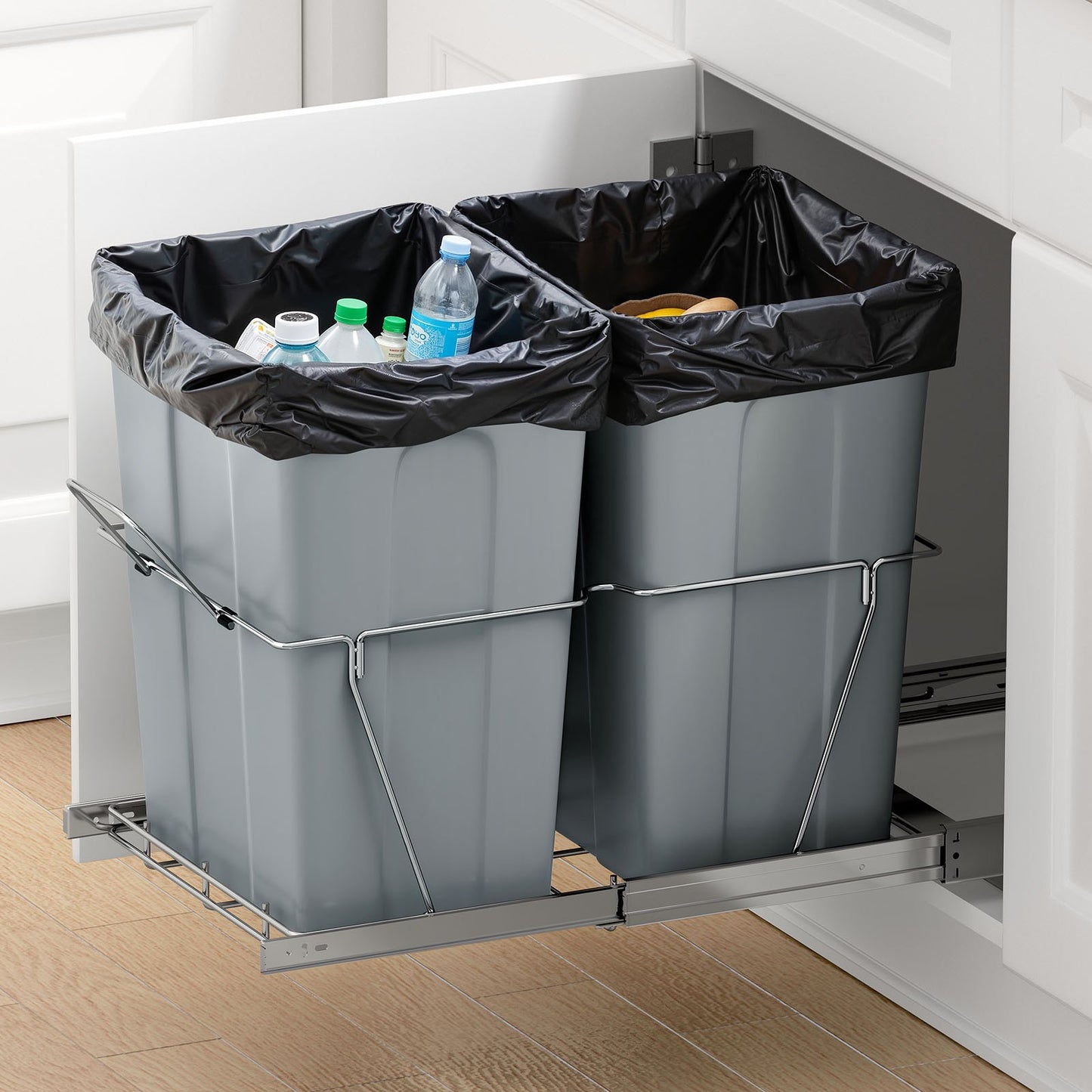 Pullout Trash Can for Kitchen Cabinets, 35 QT x2 Double Under Sink Garbage Waste Recycling Bin, Under Mount Waste Container, with Heavy Duty Metal Full Extension Sliding System and Handle