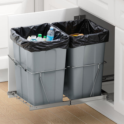 Pullout Trash Can for Kitchen Cabinets, 35 QT x2 Double Under Sink Garbage Waste Recycling Bin, Under Mount Waste Container, with Heavy Duty Metal Full Extension Sliding System and Handle