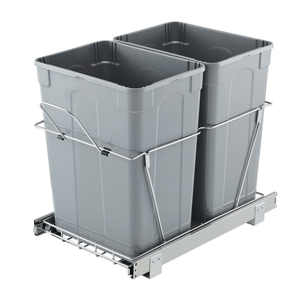 Pullout Trash Can for Kitchen Cabinets, 35 QT x2 Double Under Sink Garbage Waste Recycling Bin, Under Mount Waste Container, with Heavy Duty Metal Full Extension Sliding System and Handle