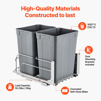 Pull-Out Trash Can, 35 QT x2 Double Under Mount Kitchen Waste Container, Heavy Duty Garbage Recycling Bin with Door Kit and Soft Close Slide, for Kitchen Cabinet, Sink, Under Counter (Grey)