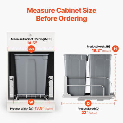 Pull-Out Trash Can, 35 QT x2 Double Under Mount Kitchen Waste Container, Heavy Duty Garbage Recycling Bin with Door Kit and Soft Close Slide, for Kitchen Cabinet, Sink, Under Counter (Grey)