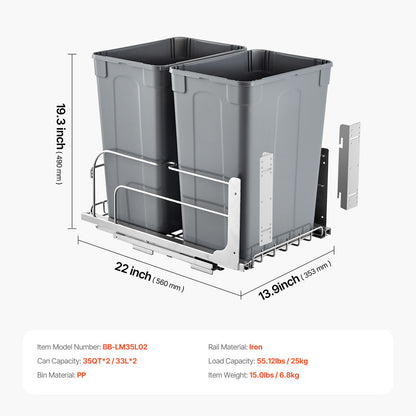 Pull-Out Trash Can, 35 QT x2 Double Under Mount Kitchen Waste Container, Heavy Duty Garbage Recycling Bin with Door Kit and Soft Close Slide, for Kitchen Cabinet, Sink, Under Counter (Grey)