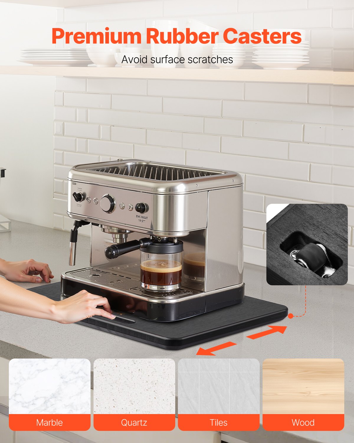 Appliance Slider, Medium 13 x 16-inch, Rolling Sliding Tray with Silent Rubber Wheels & Hollow Handle, Easy to Clean, Appliance Rolling Tray for Coffee Maker, Kitchen Countertop, Black