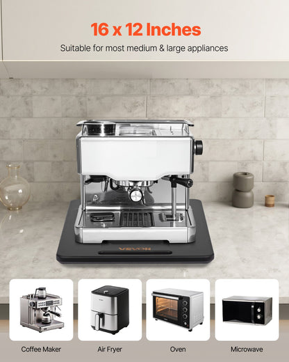 Appliance Slider, Large 16 x 12-inch, Rolling Sliding Tray with Silent Rubber Wheels & Hollow Handle, Easy to Clean, Appliance Rolling Tray for Coffee Maker, Kitchen Countertop, Black