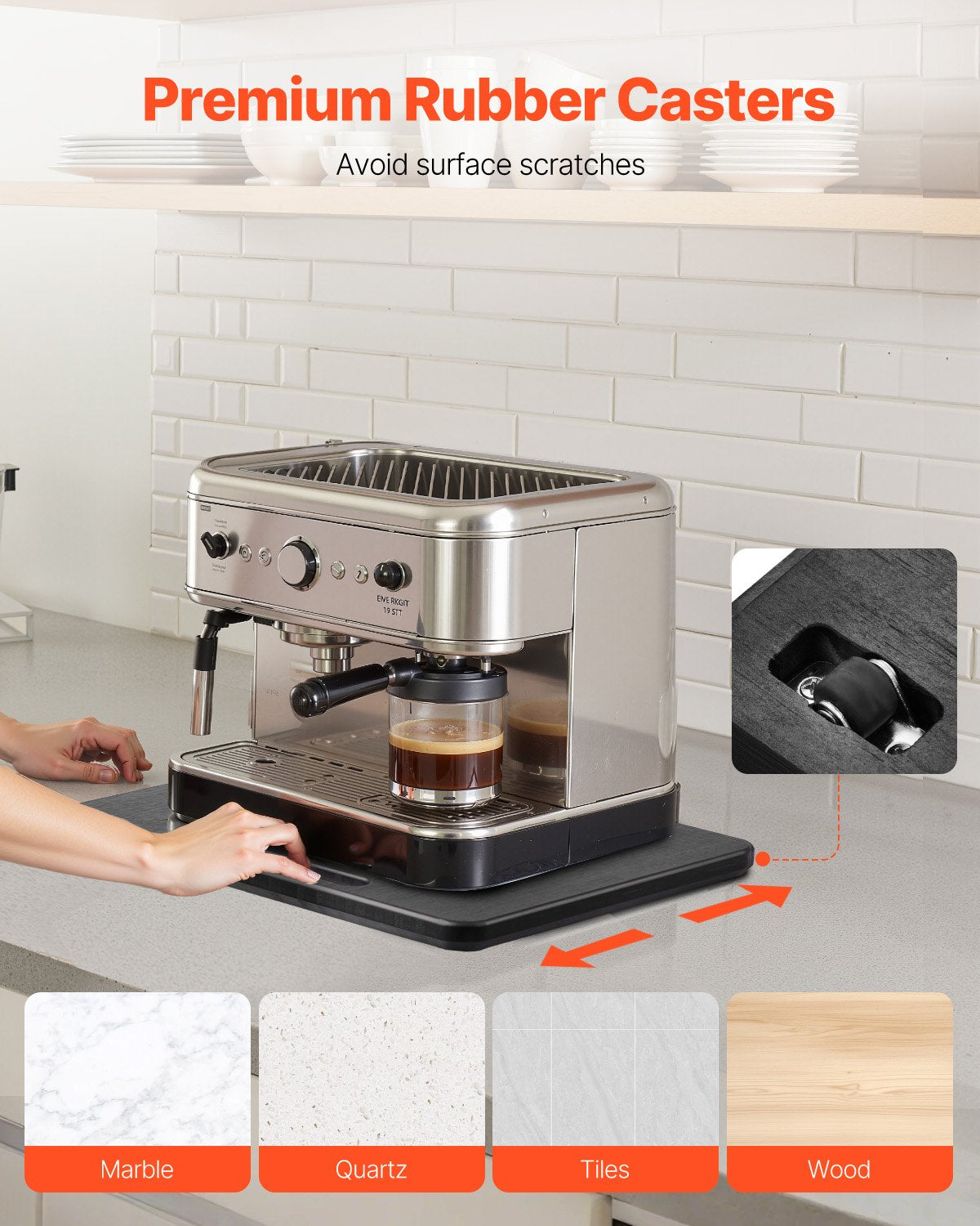 Appliance Slider, Small 10.5 x 13-inch, Rolling Sliding Tray with Silent Rubber Wheels & Hollow Handle, Easy to Clean, Appliance Rolling Tray for Coffee Maker, Kitchen Countertop, Black