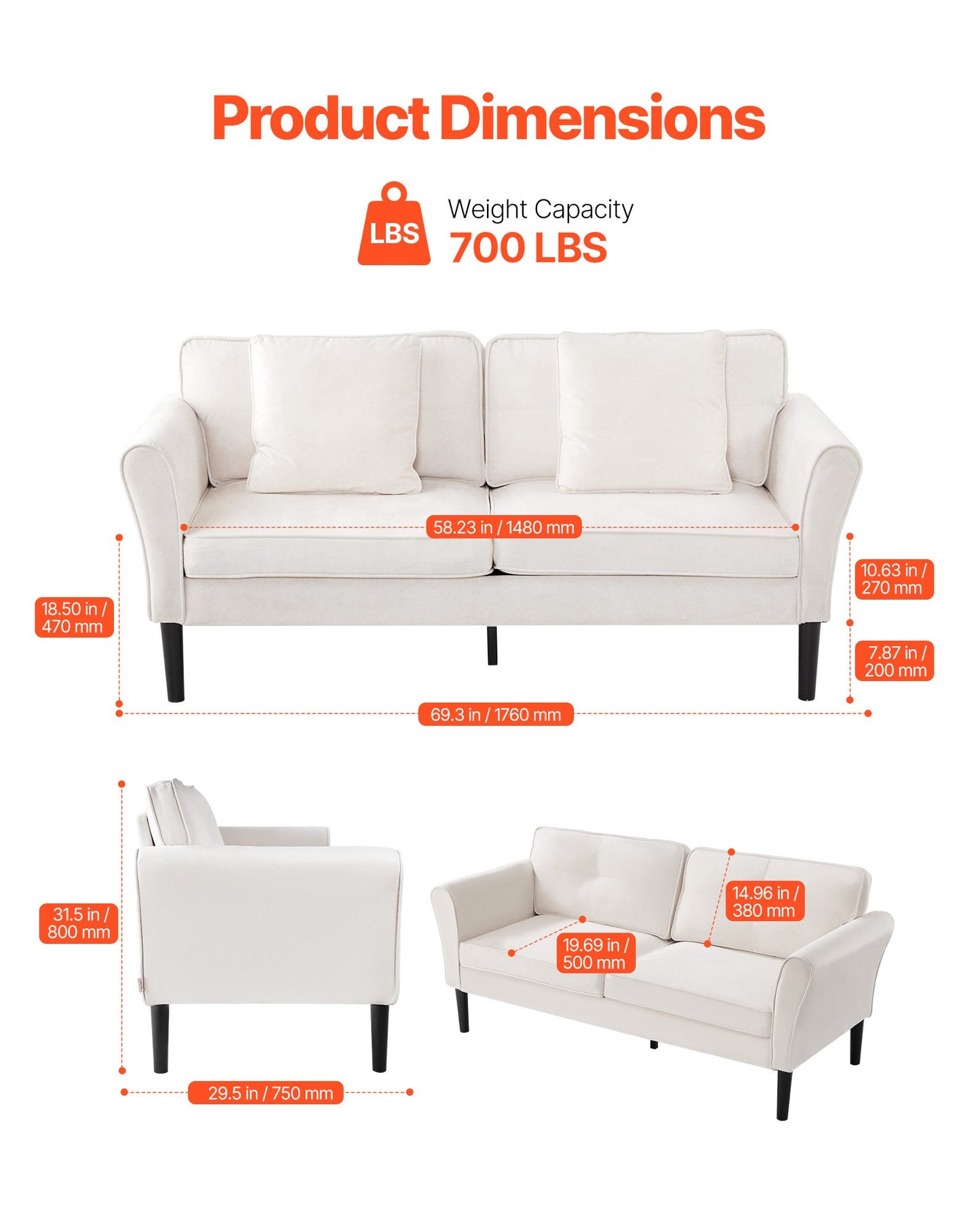 Loveseat Sofa, 69-Inch Small Sofa Couch for Living Room, Velvet Fabric 2-Seats Couch with Sinuous Spring, Soft Cushions and Sturdy Frame, Comfy Loveseat for Bedroom, Office or Apartment, White