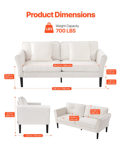 Loveseat Sofa, 69-Inch Small Sofa Couch for Living Room, Velvet Fabric 2-Seats Couch with Sinuous Spring, Soft Cushions and Sturdy Frame, Comfy Loveseat for Bedroom, Office or Apartment, White