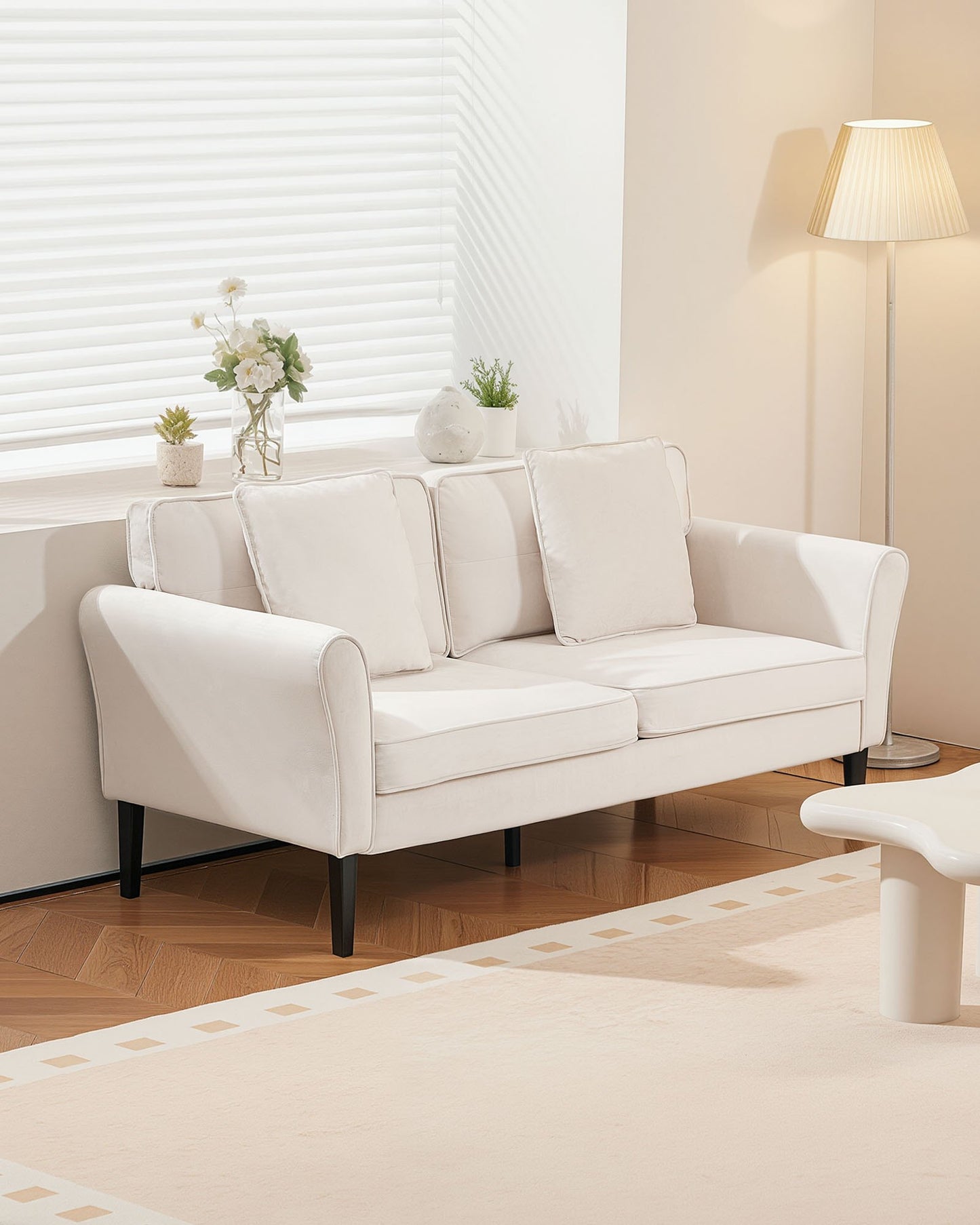 Loveseat Sofa, 69-Inch Small Sofa Couch for Living Room, Velvet Fabric 2-Seats Couch with Sinuous Spring, Soft Cushions and Sturdy Frame, Comfy Loveseat for Bedroom, Office or Apartment, White