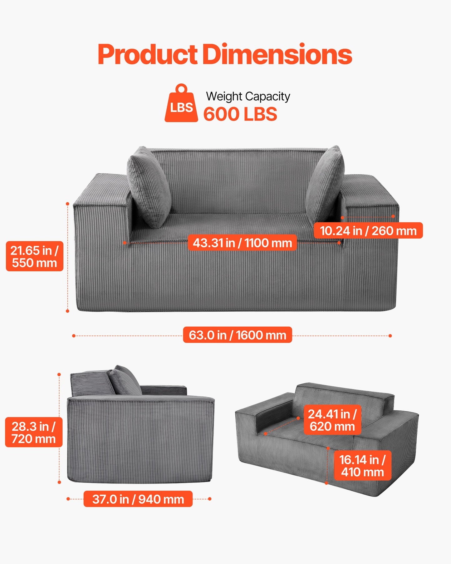Loveseat Sofa, 63-Inch 2-Seats Couch for Living Room, Modern Small Corduroy Couch with Pocket Springs, Soft Cushions, Comfy Loveseat for Bedroom, Office or Apartment, No Assembly Required, Gray