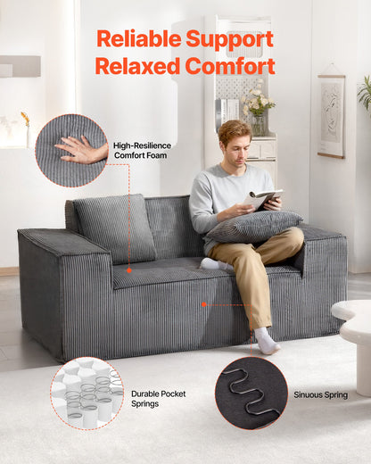 Loveseat Sofa, 63-Inch 2-Seats Couch for Living Room, Modern Small Corduroy Couch with Pocket Springs, Soft Cushions, Comfy Loveseat for Bedroom, Office or Apartment, No Assembly Required, Gray