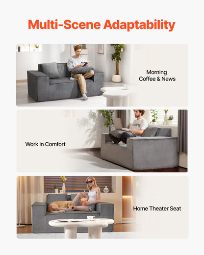 Loveseat Sofa, 63-Inch 2-Seats Couch for Living Room, Modern Small Corduroy Couch with Pocket Springs, Soft Cushions, Comfy Loveseat for Bedroom, Office or Apartment, No Assembly Required, Gray