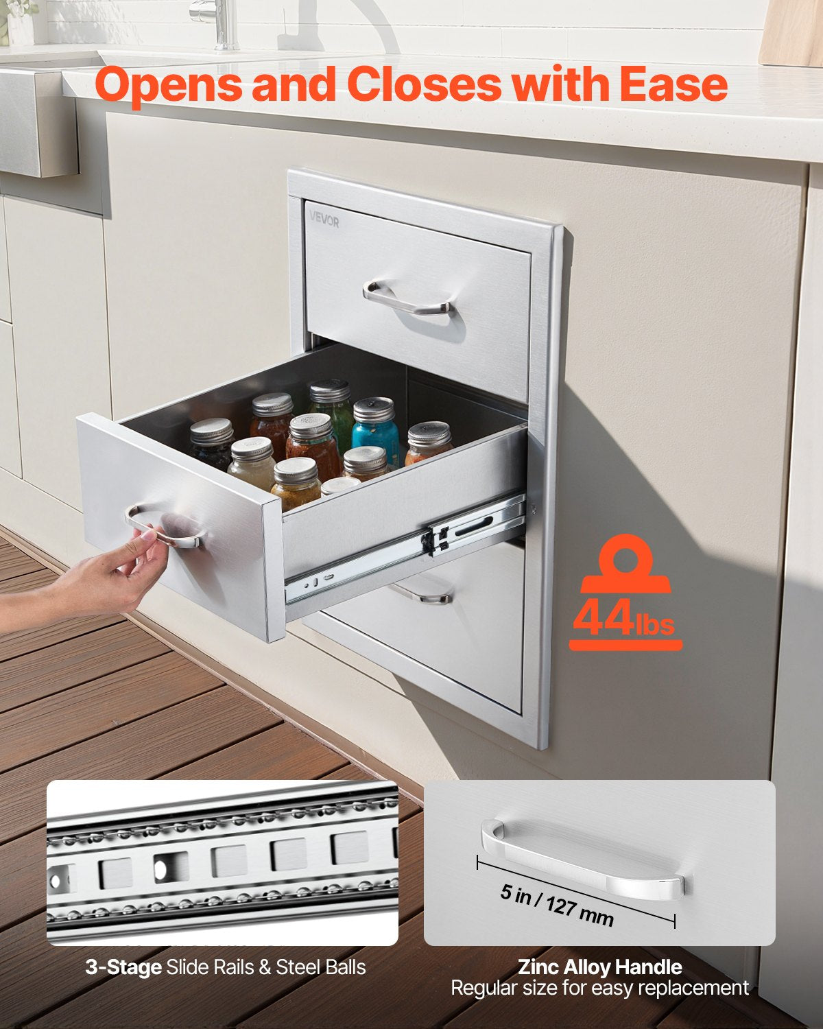 Outdoor Kitchen Drawers 18.11" W x 23.23" D x 23.23" H, Triple-Access Stainless Steel Modular Drawer Cabinet with Handles, BBQ Island Drawer for Outdoor Kitchen or BBQ Island Patio Grill Station