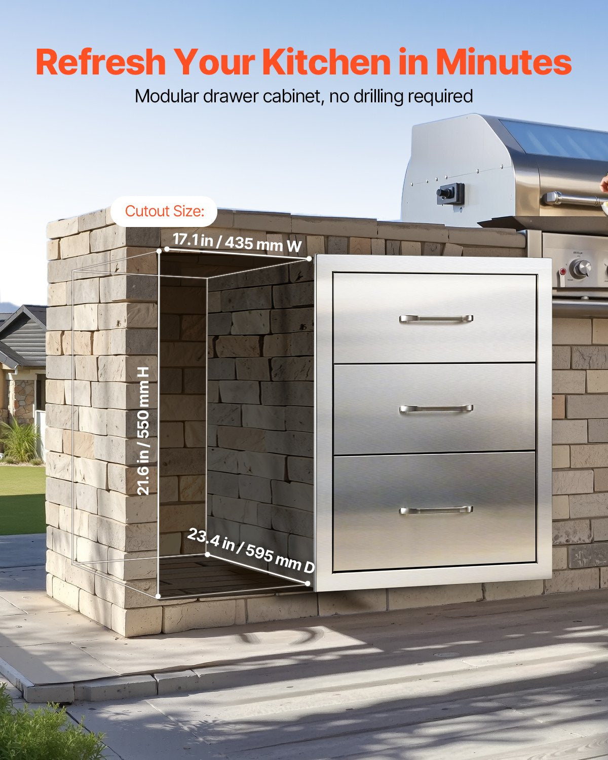 Outdoor Kitchen Drawers 18.11" W x 23.23" D x 23.23" H, Triple-Access Stainless Steel Modular Drawer Cabinet with Handles, BBQ Island Drawer for Outdoor Kitchen or BBQ Island Patio Grill Station