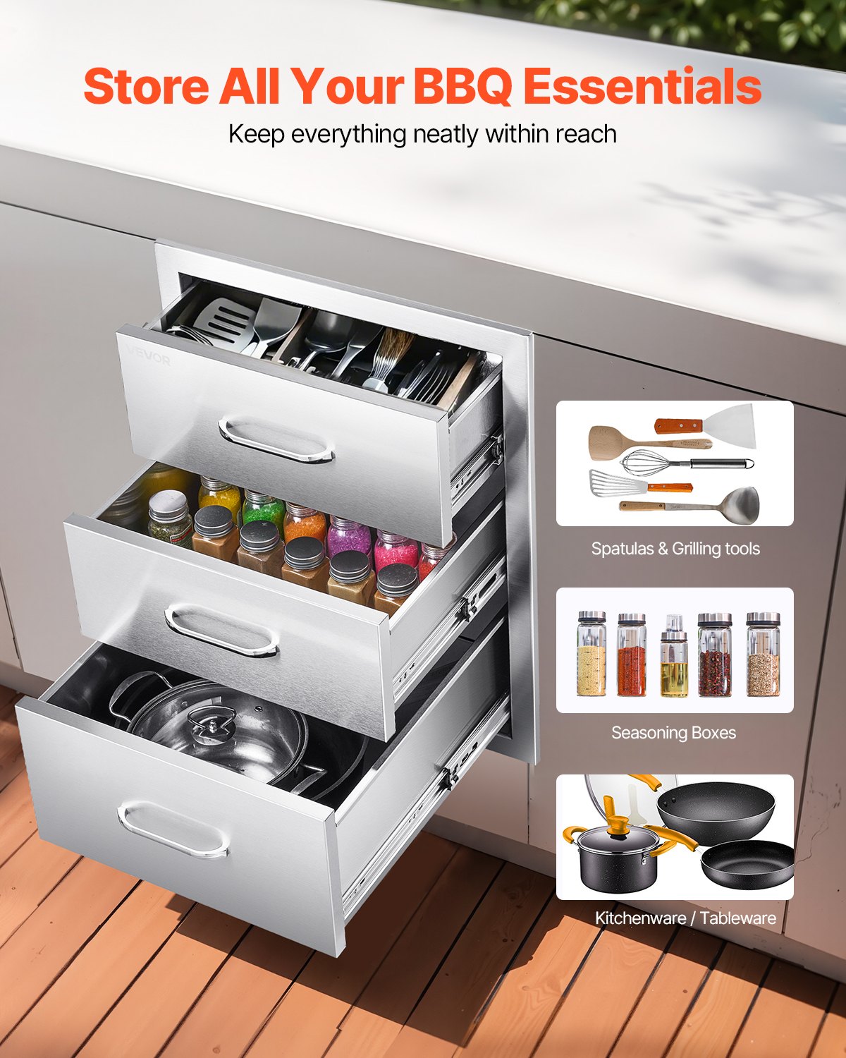 Outdoor Kitchen Drawers 18.11"W x 23.23"D x 23.23"H, Triple-Access Stainless Steel BBQ Drawers with Handles, BBQ Island Drawer for Outdoor Kitchens or Barbeque Island Patio Grill Station