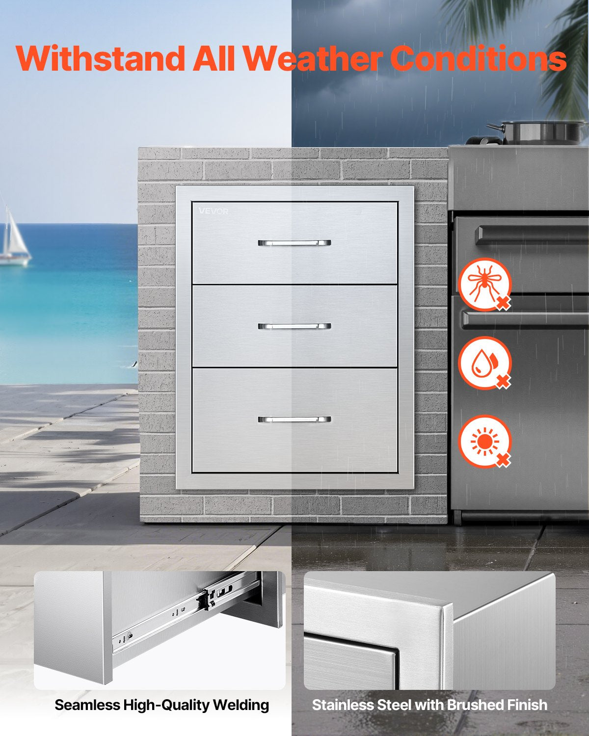 Outdoor Kitchen Drawers 18.11"W x 23.23"D x 23.23"H, Triple-Access Stainless Steel BBQ Drawers with Handles, BBQ Island Drawer for Outdoor Kitchens or Barbeque Island Patio Grill Station