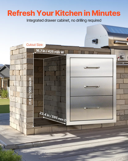 Outdoor Kitchen Drawers 18.11"W x 23.23"D x 23.23"H, Triple-Access Stainless Steel BBQ Drawers with Handles, BBQ Island Drawer for Outdoor Kitchens or Barbeque Island Patio Grill Station