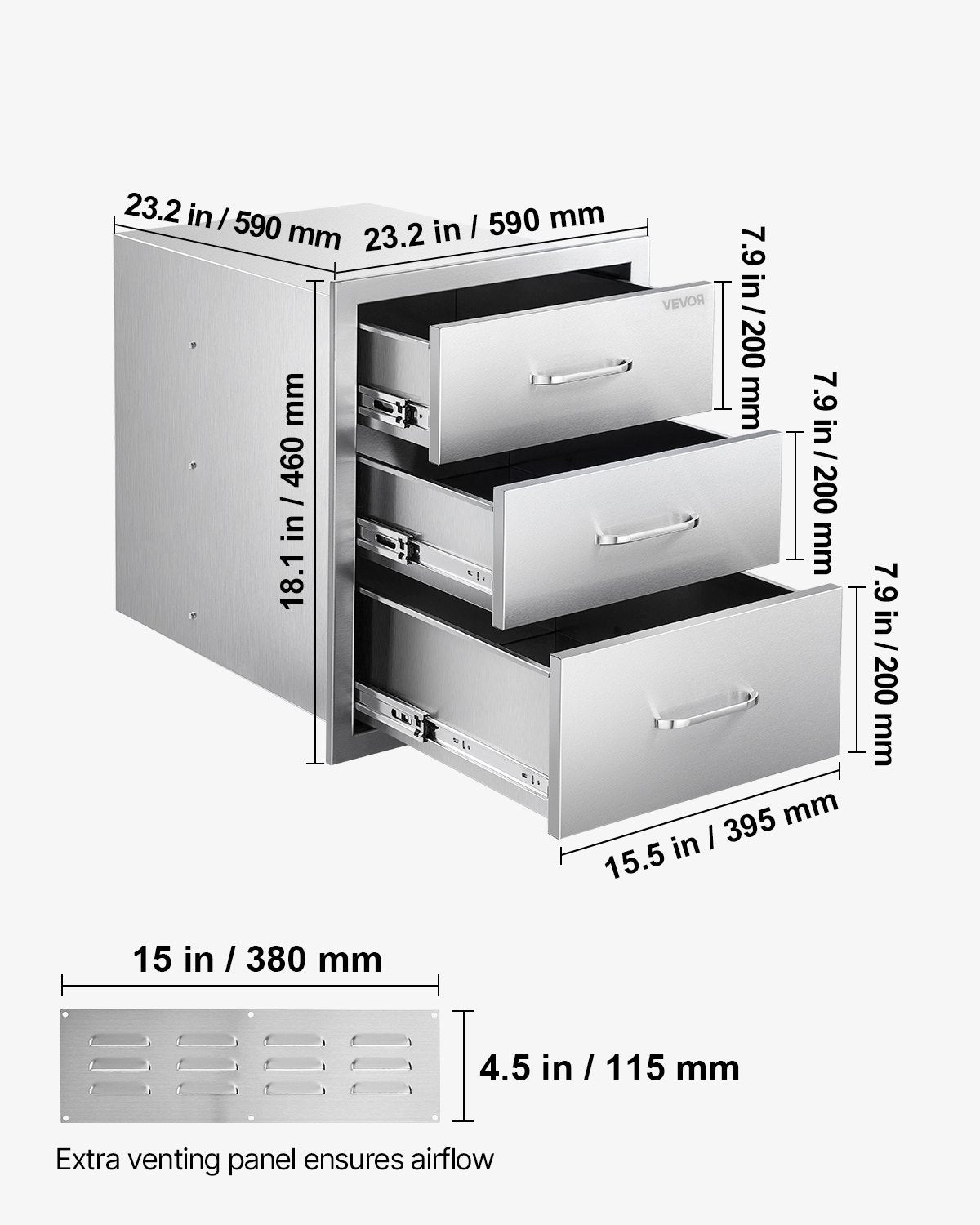 Outdoor Kitchen Drawers 18.11"W x 23.23"D x 23.23"H, Triple-Access Stainless Steel BBQ Drawers with Handles, BBQ Island Drawer for Outdoor Kitchens or Barbeque Island Patio Grill Station