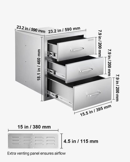 Outdoor Kitchen Drawers 18.11"W x 23.23"D x 23.23"H, Triple-Access Stainless Steel BBQ Drawers with Handles, BBQ Island Drawer for Outdoor Kitchens or Barbeque Island Patio Grill Station