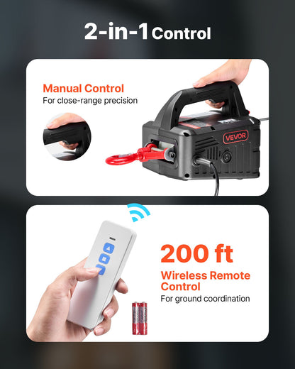 2-in-1 Electric Hoist Winch, 1100 lbs Capacity, 1500W Portable Power Winch Crane, 25 ft Lifting Height, 16.4 ft/min with Manual and Wireless Remote Control for Factory, Warehouss, Garage