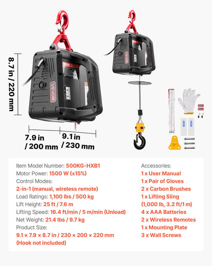 2-in-1 Electric Hoist Winch, 1100 lbs Capacity, 1500W Portable Power Winch Crane, 25 ft Lifting Height, 16.4 ft/min with Manual and Wireless Remote Control for Factory, Warehouss, Garage