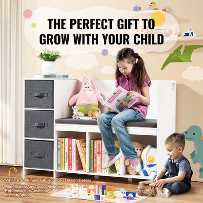 Kinder-Leseecke, Bank mit 6 Fächern, Bücherregal und Sitzkissen, Weiß