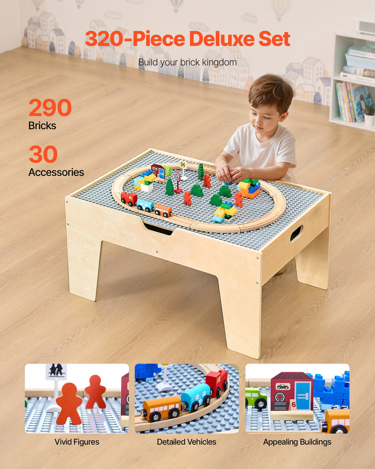 Multi-Purpose Activity Play Table, 290 Building Bricks and 30-Piece Wooden Train Set Railway, Vehicles, Tracks and Accessories, Wooden Kids Activity Table with Storage Area for Kids Ages 3+