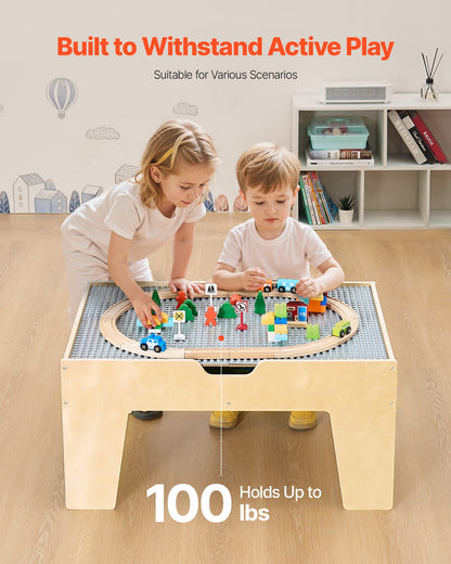 Multi-Purpose Activity Play Table, 290 Building Bricks and 30-Piece Wooden Train Set Railway, Vehicles, Tracks and Accessories, Wooden Kids Activity Table with Storage Area for Kids Ages 3+