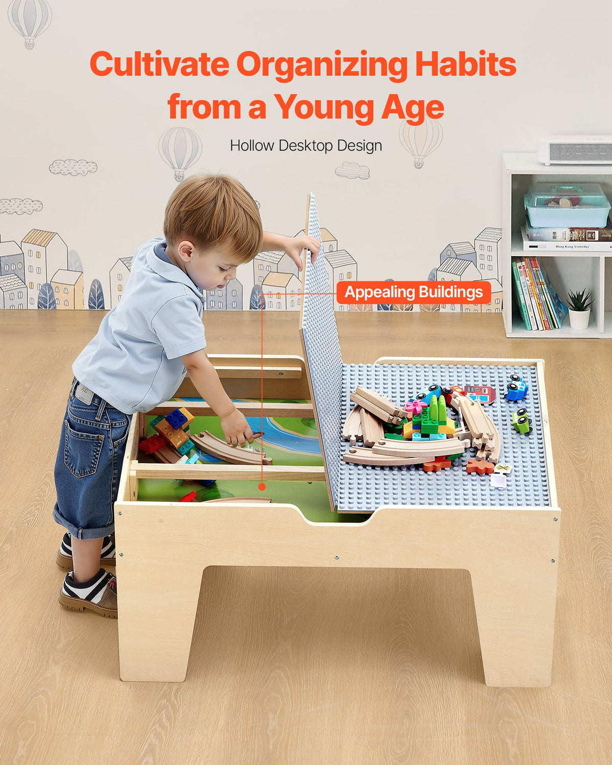 Multi-Purpose Activity Play Table, 290 Building Bricks and 30-Piece Wooden Train Set Railway, Vehicles, Tracks and Accessories, Wooden Kids Activity Table with Storage Area for Kids Ages 3+