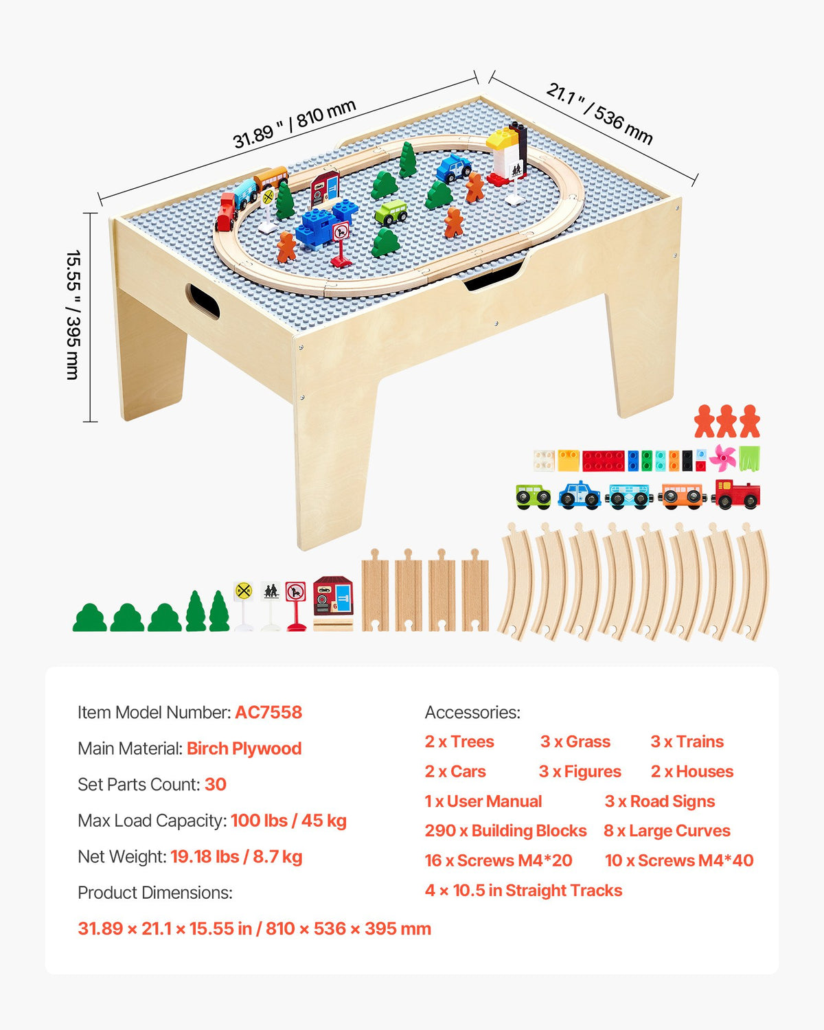 Multi-Purpose Activity Play Table, 290 Building Bricks and 30-Piece Wooden Train Set Railway, Vehicles, Tracks and Accessories, Wooden Kids Activity Table with Storage Area for Kids Ages 3+