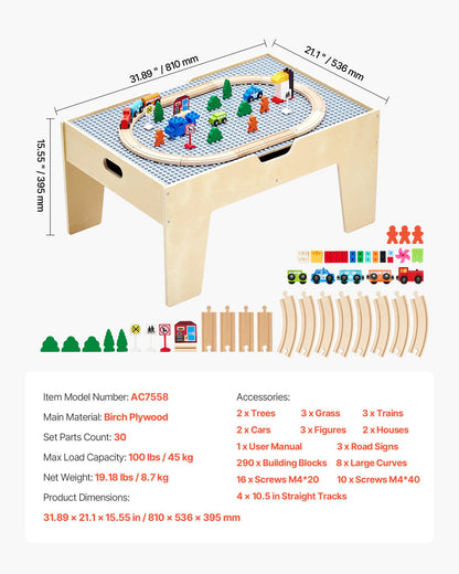 Multi-Purpose Activity Play Table, 290 Building Bricks and 30-Piece Wooden Train Set Railway, Vehicles, Tracks and Accessories, Wooden Kids Activity Table with Storage Area for Kids Ages 3+
