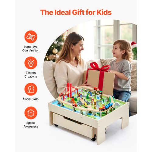 Eisenbahntisch, 100-teilig, Aktivitätstisch aus Holz für Kinder mit rollender Aufbewahrungsbox