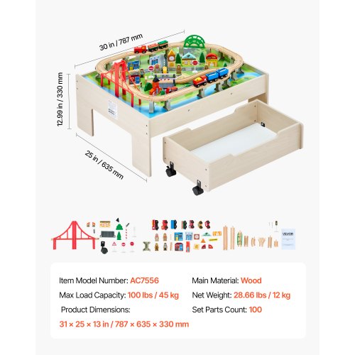 Eisenbahntisch, 100-teilig, Aktivitätstisch aus Holz für Kinder mit rollender Aufbewahrungsbox