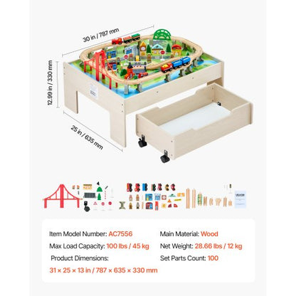 Eisenbahntisch, 100-teilig, Aktivitätstisch aus Holz für Kinder mit rollender Aufbewahrungsbox