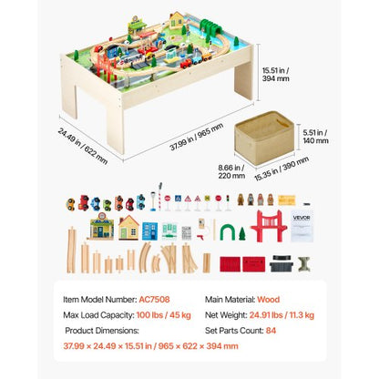 Eisenbahntisch, 84-teiliger Aktivitätstisch aus Holz für Kinder mit faltbarer Aufbewahrungsbox