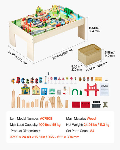 Train Table, 84 Multicolor Pieces Wooden Kids Activity Table with Collapsible Storage Bin, 3-in-1 Wooden Train Set for Gaming, Drawing, Reading, Eating, Creative Toy Set for Kids Ages 3+