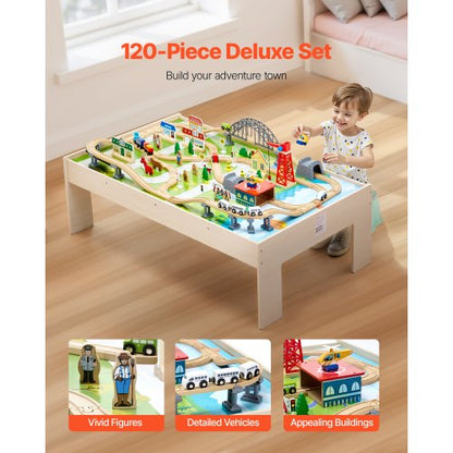 Eisenbahntisch, 120-teiliger Aktivitätstisch aus Holz für Kinder mit faltbarer Aufbewahrungsbox